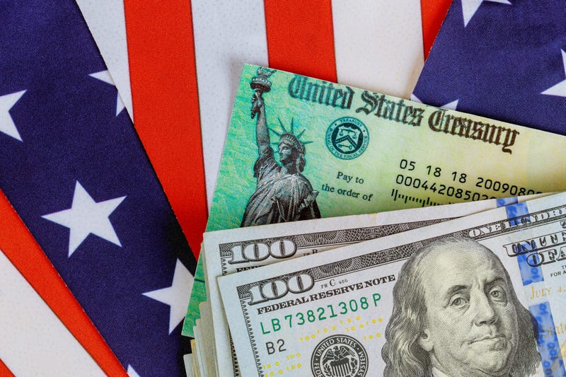 Money, American flag and check. 