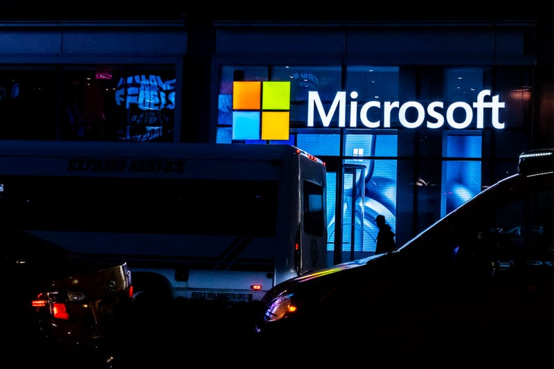 microsoft sign on building at night