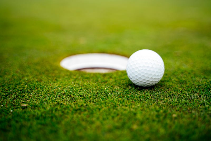 A golf ball sits next to a hole