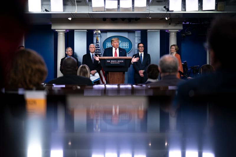 U.S. President Donald Trump, joined by members of the Coronavirus Task Force, speaks during a briefing on the coronavirus pandemic, in the press briefing room of the White House on March 25, 2020 in Washington, DC.