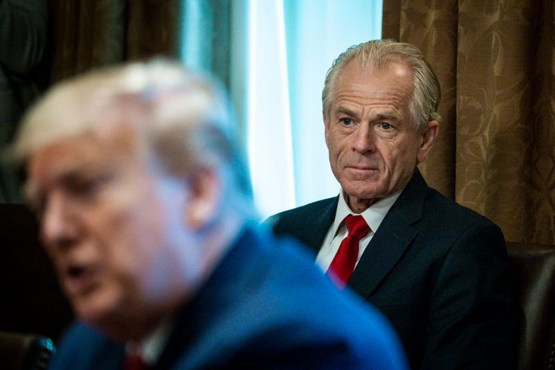 Director of the National Trade Council Peter Navarro looks on as President Donald Trump meets with supply chain distributors in reference to the COVID-19 coronavirus pandemic, in the Cabinet Room in the West Wing at the White House on Sunday, March 29, 2020. (Photo by Pete Marovich-Pool/Getty Images)
