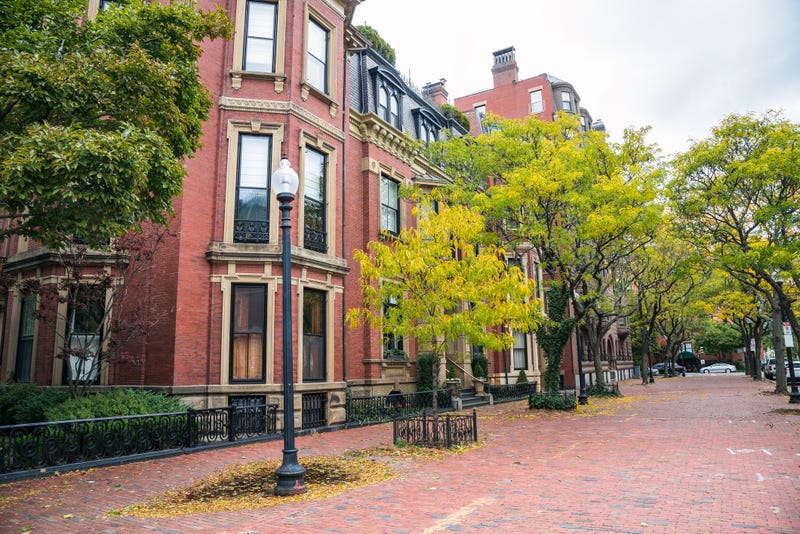 Brick residential buildings along a tree lined sidewalk .