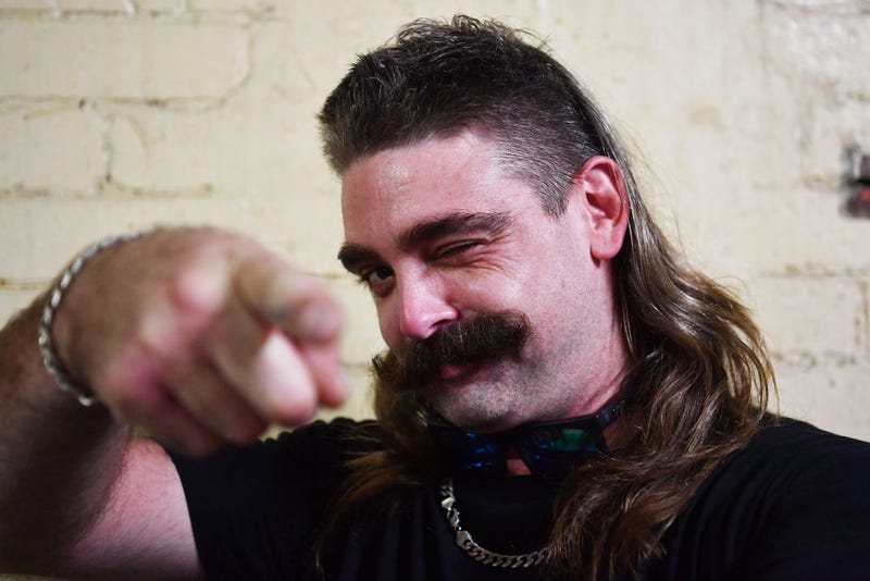 Participant Aaron Styles poses for a photograph during Mulletfest 2020 at the Chelmsford Hotel on February 29, 2020 in Kurri Kurri, Australia.