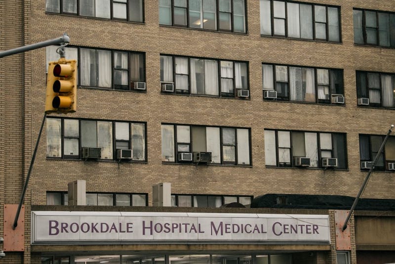 Rain falls outside Brookdale Hospital Medical Center in Brooklyn on April 13, 2020 in New York City.