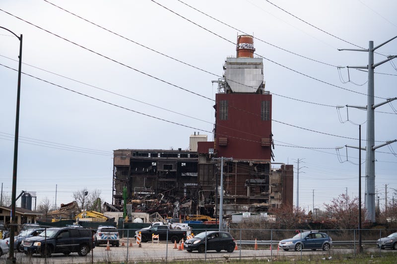 Demonstrators in a car caravan gather across from the shuttered Crawford Power Generating Station in the Little Village neighborhood of Chicago as part of an Earth Day to May Day action on April 22, 2020. The site came under increased criticism after the demolition of a smokestack there blanketed the surrounding neighborhood in dust earlier in April during the COVID-19 pandemic.