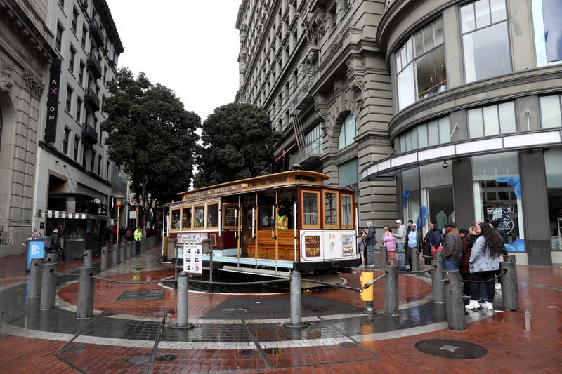A usually busy Powell Street Cable Car turnaround has a short line to ride the Cable Cars on March 07, 2020 in San Francisco, California