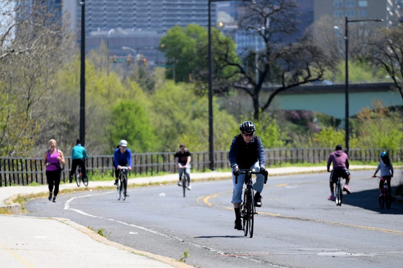 Bike riders and pedestrians in Philadelphia.