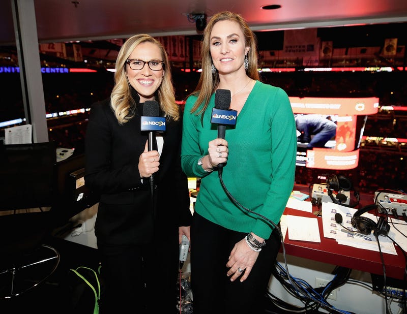 Kate Scott (L) and A.J. Mleczko are part of the all-female broadcast team for the Chicago Blackhawks v the St. Louis Blues on International Women's Day at the United Center on March 08, 2020 in Chicago, Illinois.