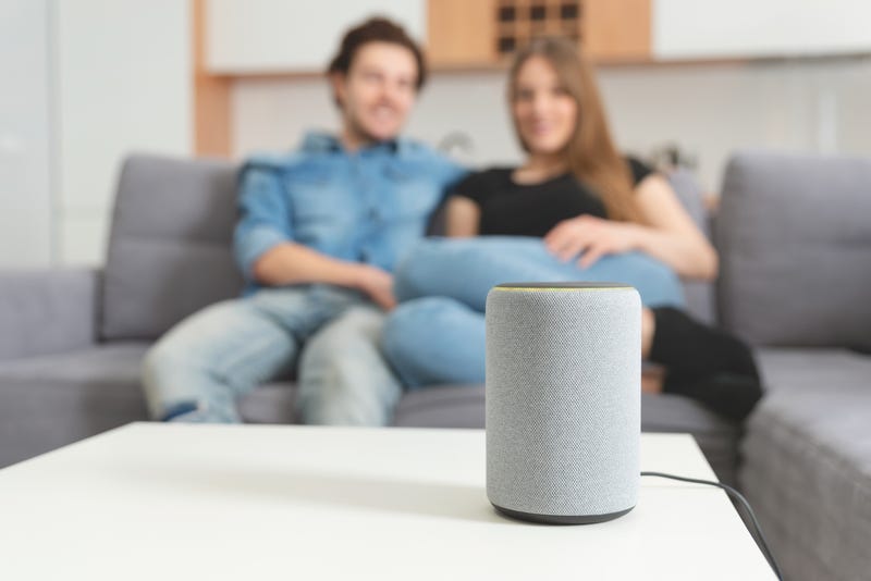 Couple talking command to smart speaker. Intelligent assistant in smart home system.