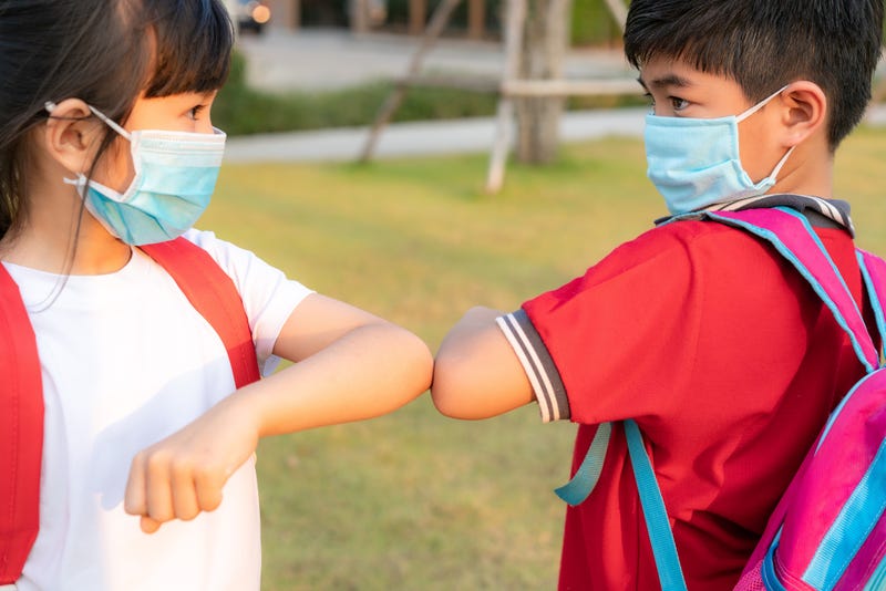 two children wearing backpacks and face masks elbow bump