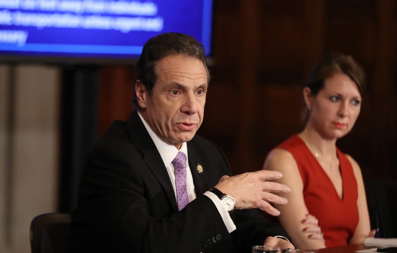 York Governor Andrew Cuomo (L) speaks during his daily news conference with Secretary to the Governor Melissa DeRosa (R) on March 20, 2020 in New York City