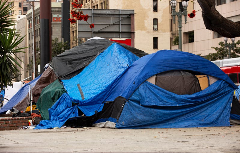 Sidewalk view of homeless encampment in Downtown Los Angeles, California