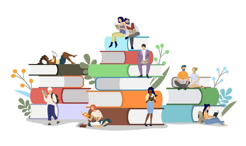 Illustration of people surrounded by books.