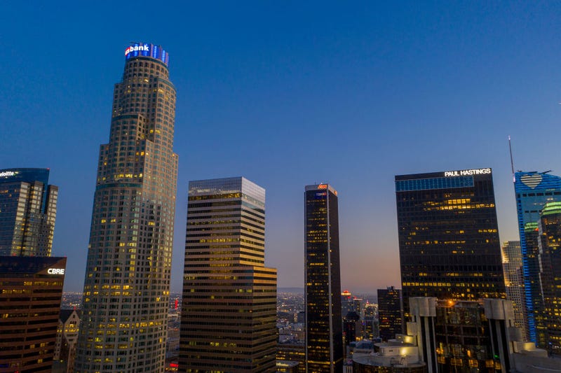 An aerial view shows the U.S. Bank Tower (L) and other high-rise office buildings that have been mostly absent of workers.