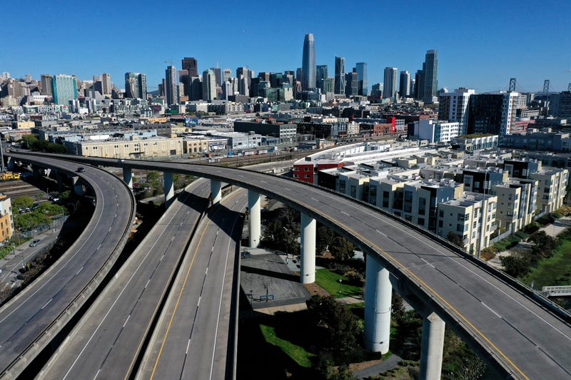 An aerial view from a drone shows an empty Interstate 280 on March 26, 2020 leading into San Francisco, California.