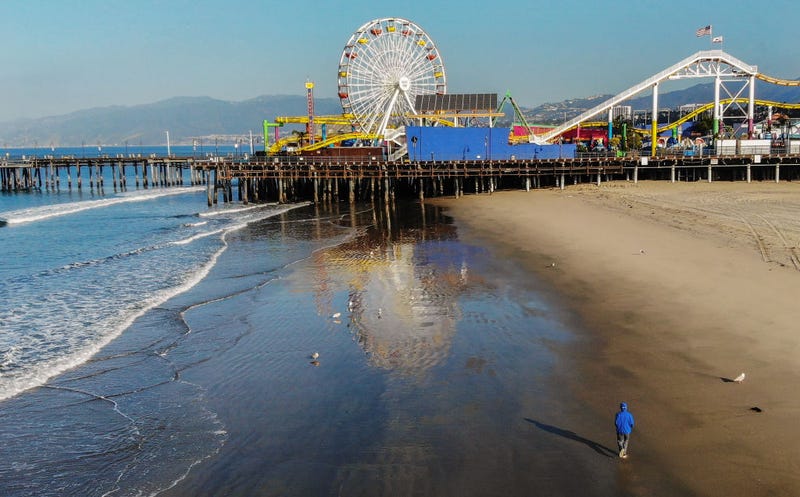 FILE - An aerial view of the beach near Santa Monica Pier.