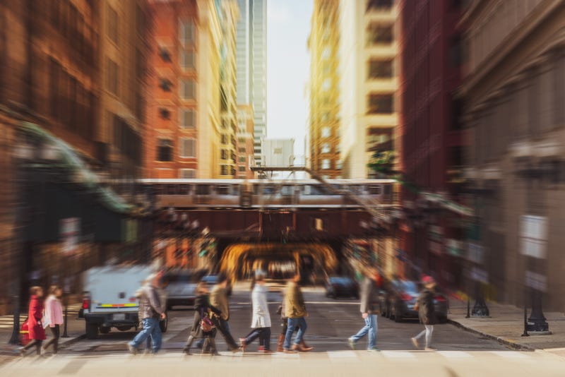 Blurred pedestrian traffic in downtown Chicago