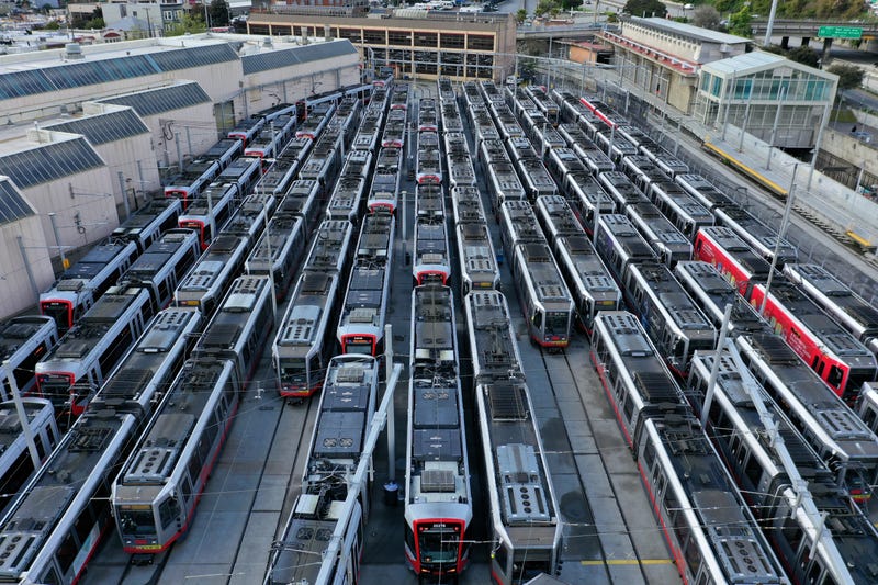 San Francisco MUNI Metro trains sit parked at the Curtis E. Green Light Rail Center on March 30, 2020 in San Francisco, California. 