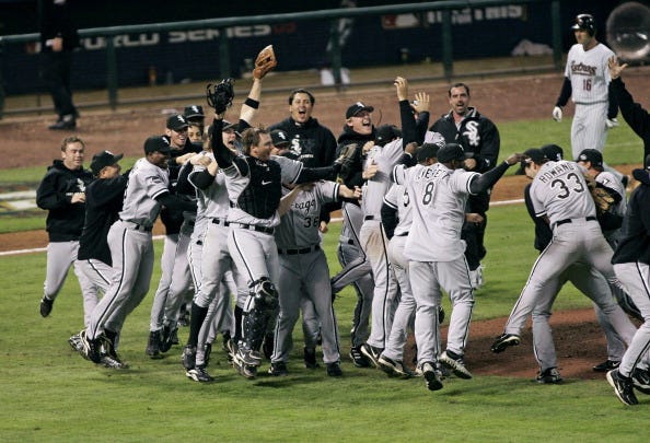 Members of the Chicago White Sox celebrate on the field after winning the 2005 World Series with a 1-0 win over the Houston Astro's at Minute Maid Park in Houston, Texas on October 26, 2005. The White Sox swept the series 4 games to none.