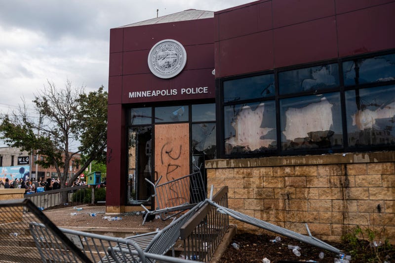 A view of the damage outside the 3rd Police Precinct building on May 27, 2020 in Minneapolis, Minnesota.