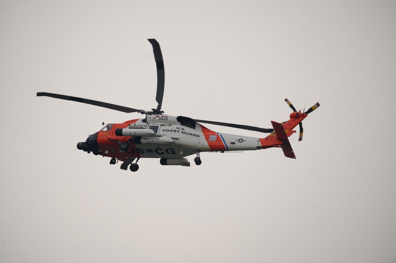 A U.S. Coast Guard helicopter is seen in New York City.