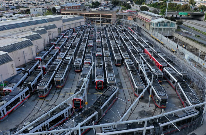 San Francisco MUNI Metro trains sit parked at the Curtis E. Green Light Rail Center on March 30, 2020 in San Francisco, California