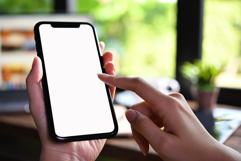 Close-up image of female hands using smartphone with blank white screen