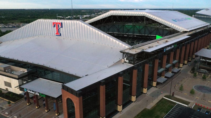 : An aerial drone view of Globe Life Field, home of the Texas Rangers MLB team, on April 01, 2020 in Arlington, Texas.