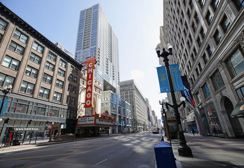 A normally very busy State Street featuring the Chicago Theater is seen during the "shelter in place" order that was continued until April 30 for the COVID-19 crisis in downtown on April 01, 2020 in Chicago, Illinois.