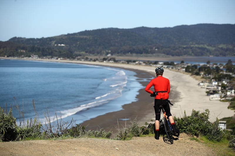 A view of a cyclist at Stinson Beach
