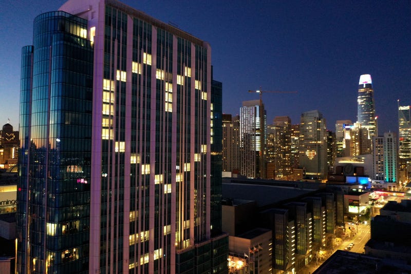 Window lights are illuminated in the shape of a heart at the InterContinental San Francisco Hotel on April 01, 2020 in San Francisco, California. Several buildings in downtown San Francisco have lit up room lights in the shape of a heart as residents are under order to shelter in place due to coronavirus concerns.