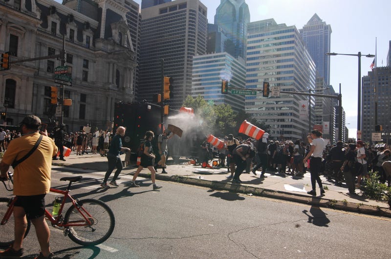 Police and protesters clash in Center City after a day of peaceful demonstrations in the wake of the death of George Floyd, on May 30, 2020.