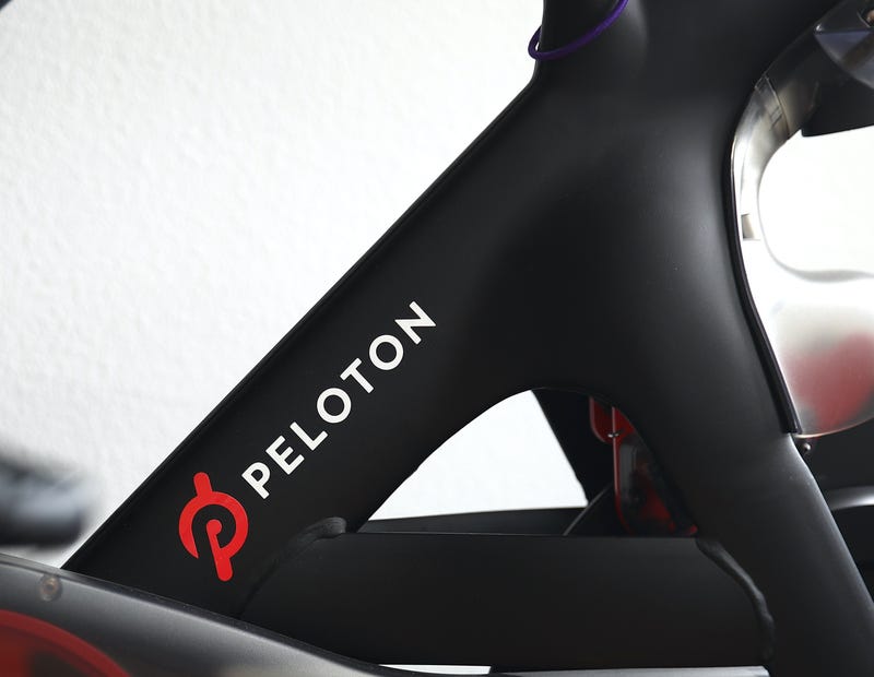 Cari Gundee rides her Peloton exercise bike at her home on April 06, 2020 in San Anselmo, California.