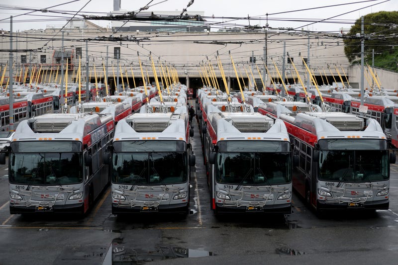 San Francisco MUNI buses sit parked at an SF Municipal Railway yard during the coronavirus (COVID-19) pandemic on April 06, 2020 in San Francisco, California. 