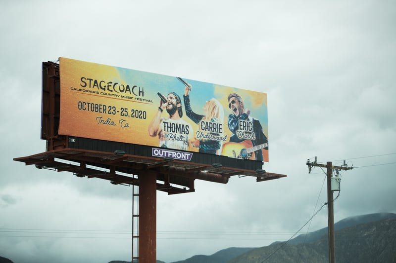 A billboard is seen on April 09, 2020, in Indio, California. The first weekend of the Coachella Valley Music and Arts Festival was originally set to begin on April 10, 2020 but has since been postponed until October due to the ongoing COVID-19 pandemic.