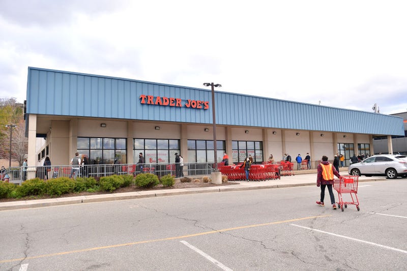 Due to tightening regulations, lines at stores are forming outside to facilitate social distancing while shopping, like at the Trader Joe's on April 10, 2020 in Edgewater, New Jersey. 