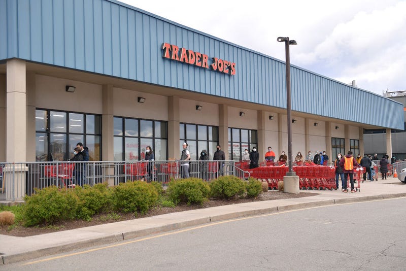 Due to tightening regulations, lines at stores are forming outside to facilitate social distancing while shopping, like at the Trader Joe's on April 10, 2020 in Edgewater, New Jersey. COVID-19 has spread to countries throughout the world, claiming nearly 103,000 lives and infecting nearly 1.7 million people.