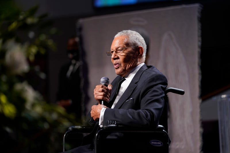 The Rev. William Lawson, pastor emeritus of Wheeler Avenue Baptist Church of Houston, speaks at the funeral service for George Floyd in the chapel at the Fountain of Praise church on June 9, 2020, in Houston, Texas.
