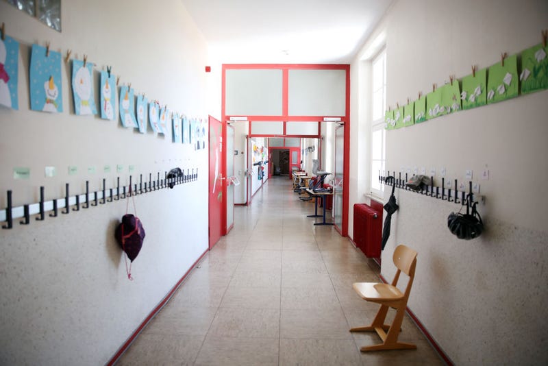 A general view of an empty corridor at the temporarily-closed Schloss-Schule elementary school during the coronavirus crisis on April 15, 2020 in Heppenheim, Germany. 