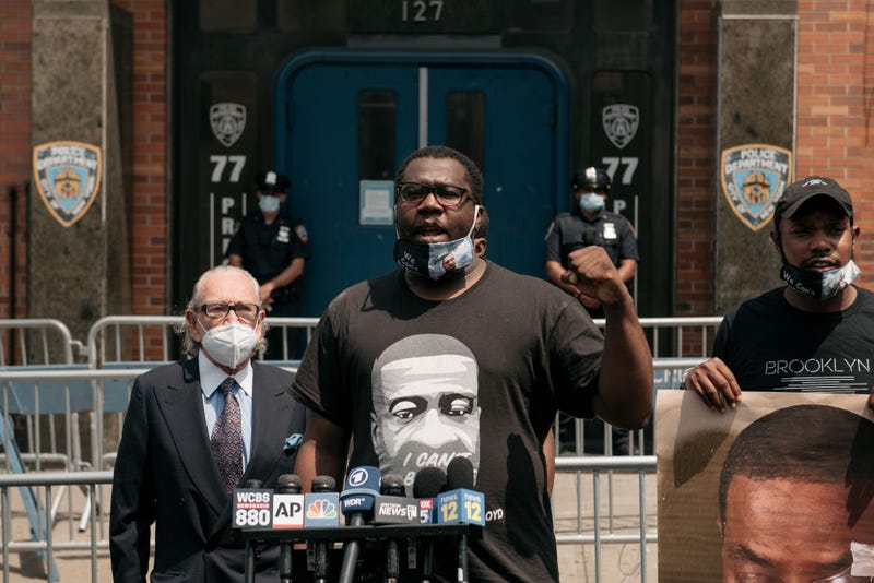 Rev. Kevin McCall speaks at a press conference on June 10, 2020 outside of the 77th NYPD Precinct building in Brooklyn.