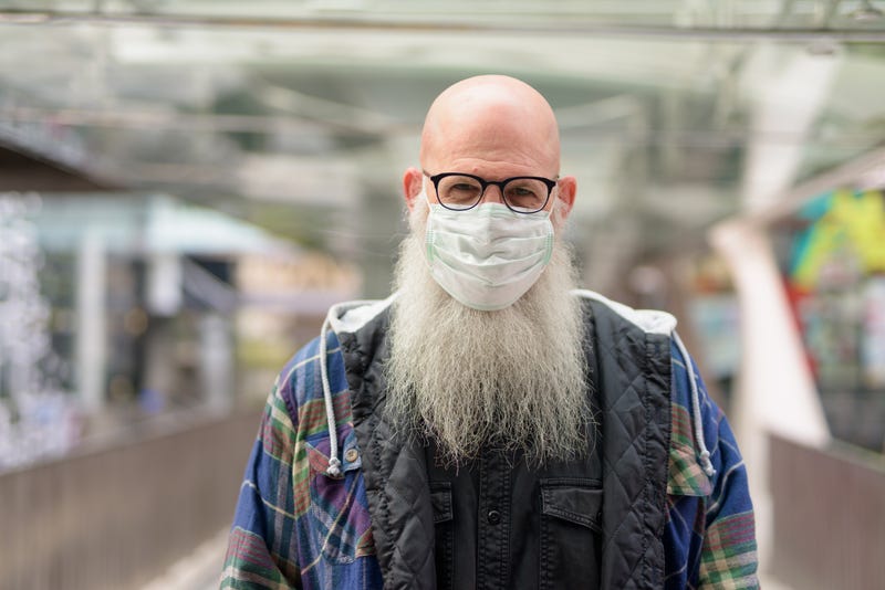 Mature bald bearded man with mask and eyeglasses for protection from corona virus outbreak and pollution