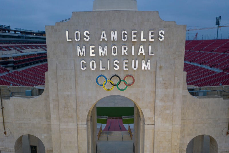 A drone aerial view shows the Los Angeles Memorial Coliseum at Exposition Park