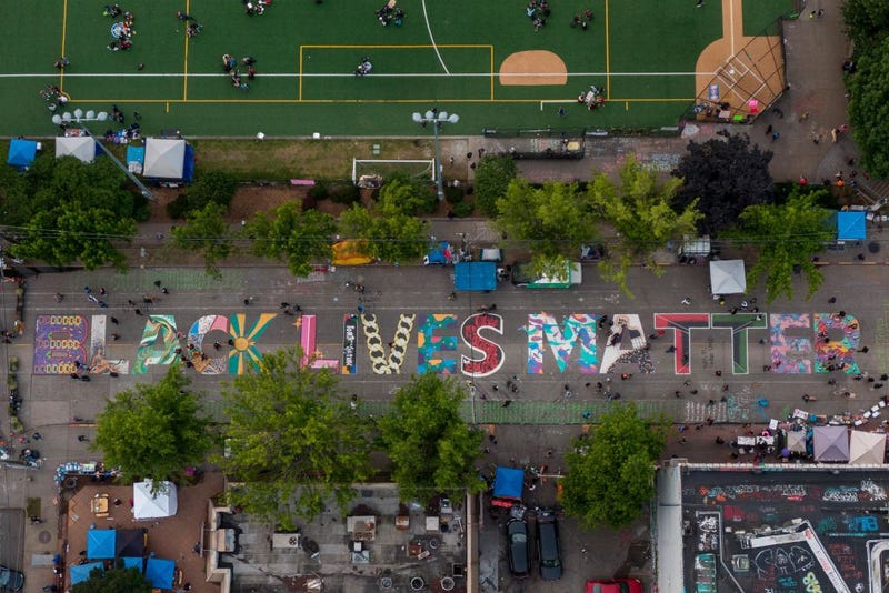 An aerial view of a Black Lives Matter mural on East Pine Street near Cal Anderson Park is seen during ongoing Black Lives Matter events