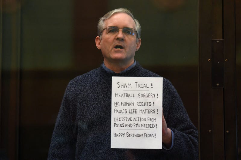 Paul Whelan, a former US marine accused of espionage and arrested in Russia in December 2018, is seen in a defendant's cage in Moscow on June 15, 2020