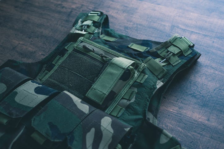 Bullet proof vest on a table.