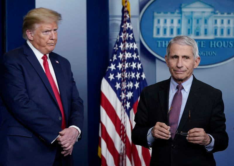 Dr. Anthony Fauci (R), director of the National Institute of Allergy and Infectious Diseases, and U.S. President Donald Trump participate in the daily coronavirus task force briefing at the White House on April 22, 2020 in Washington, DC. 
