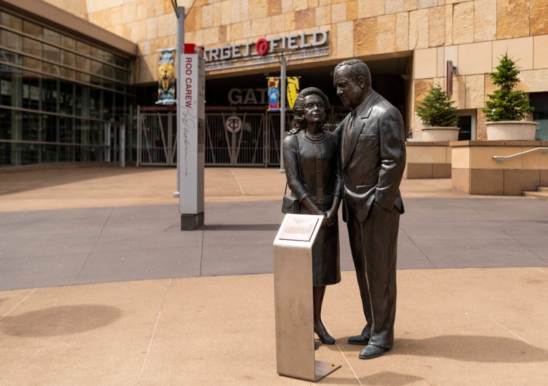 A statue of Eloise and Carl Pohlad stands outside Target Field on June 19, 2020 in Minneapolis. Pohlad purchased the franchise in 1984 from the Griffith family who brought the team to Minnesota from Washington in 1961.
