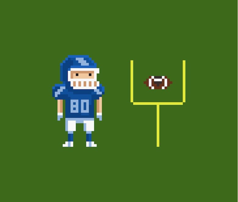 Pixelated, 8-bit football player standing next to a goalpost