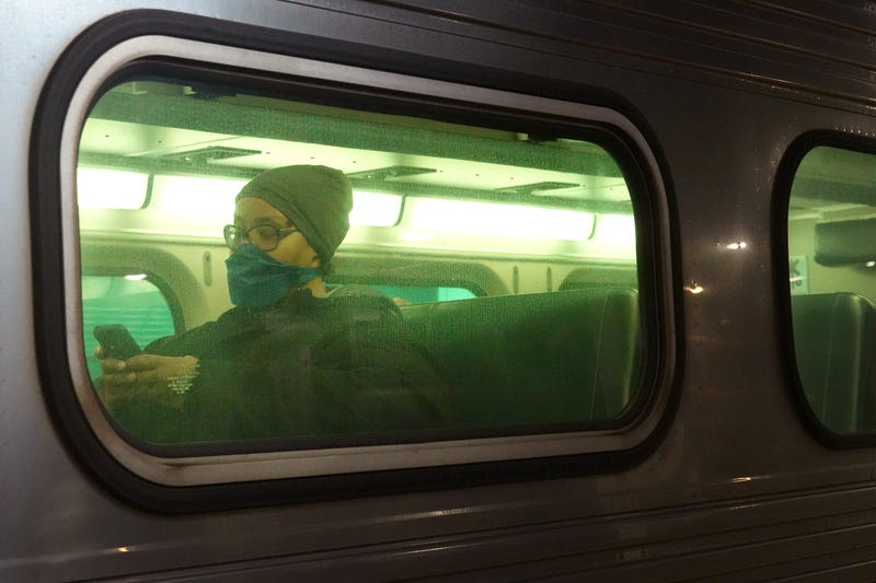 A passenger rides a commuter train out of Union Station on April 28, 2020 in Chicago, Illinois.