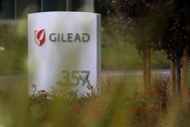 A sign is posted in front of the Gilead Sciences headquarters